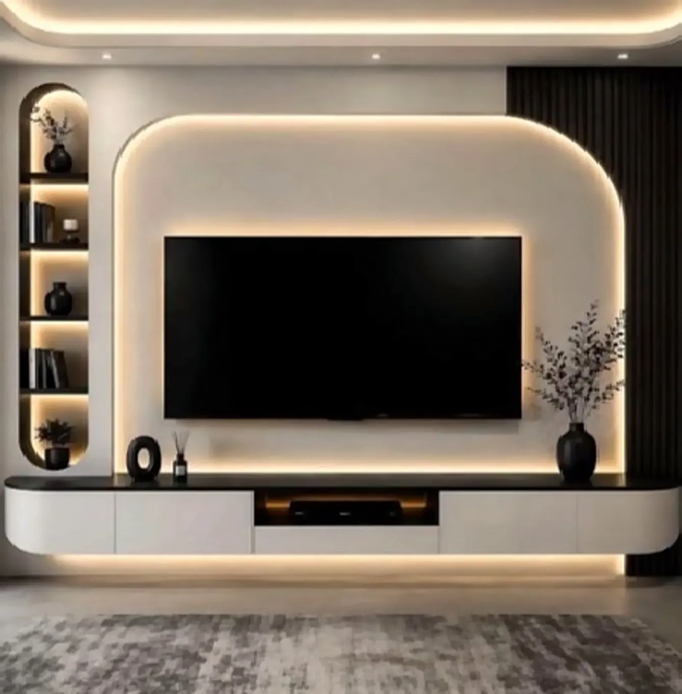 Curved TV unit with backlit shelving